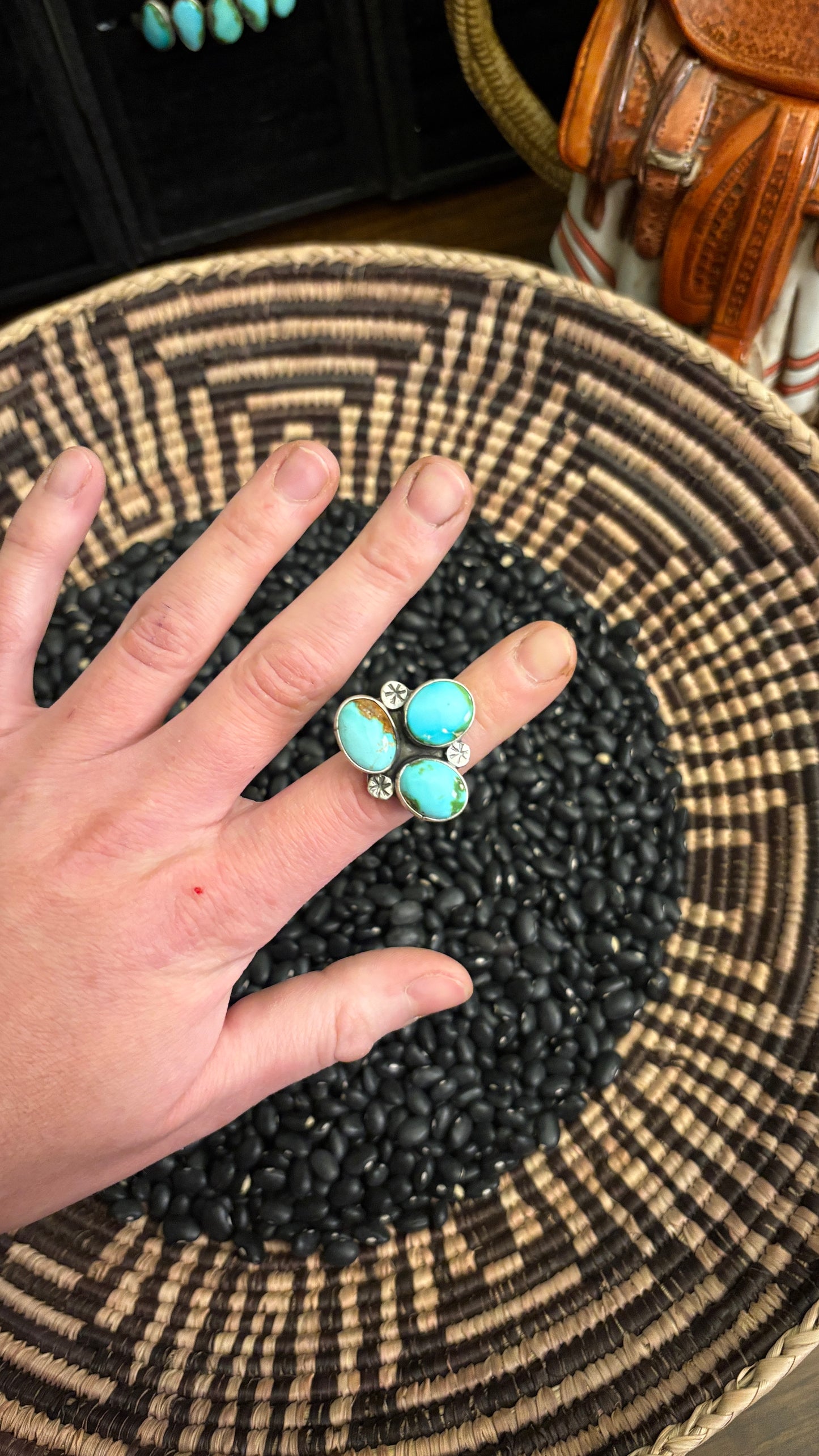 3 STONE SONROAN GOLD TURQUOISE CLUSTER RING - ADJUSTABLE