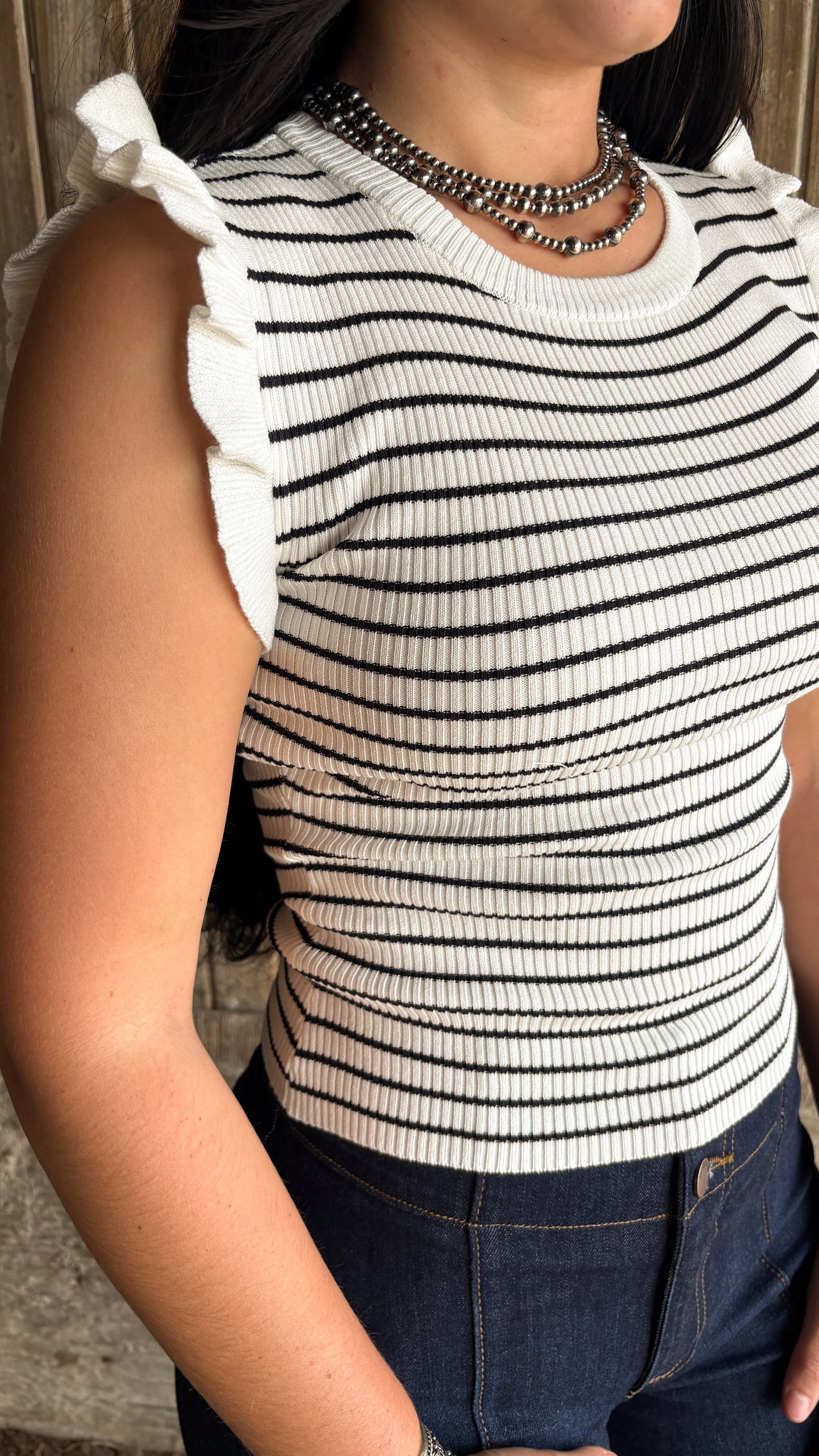 RIBBED STRIPED RUFFLE SLEEVELESS TANK