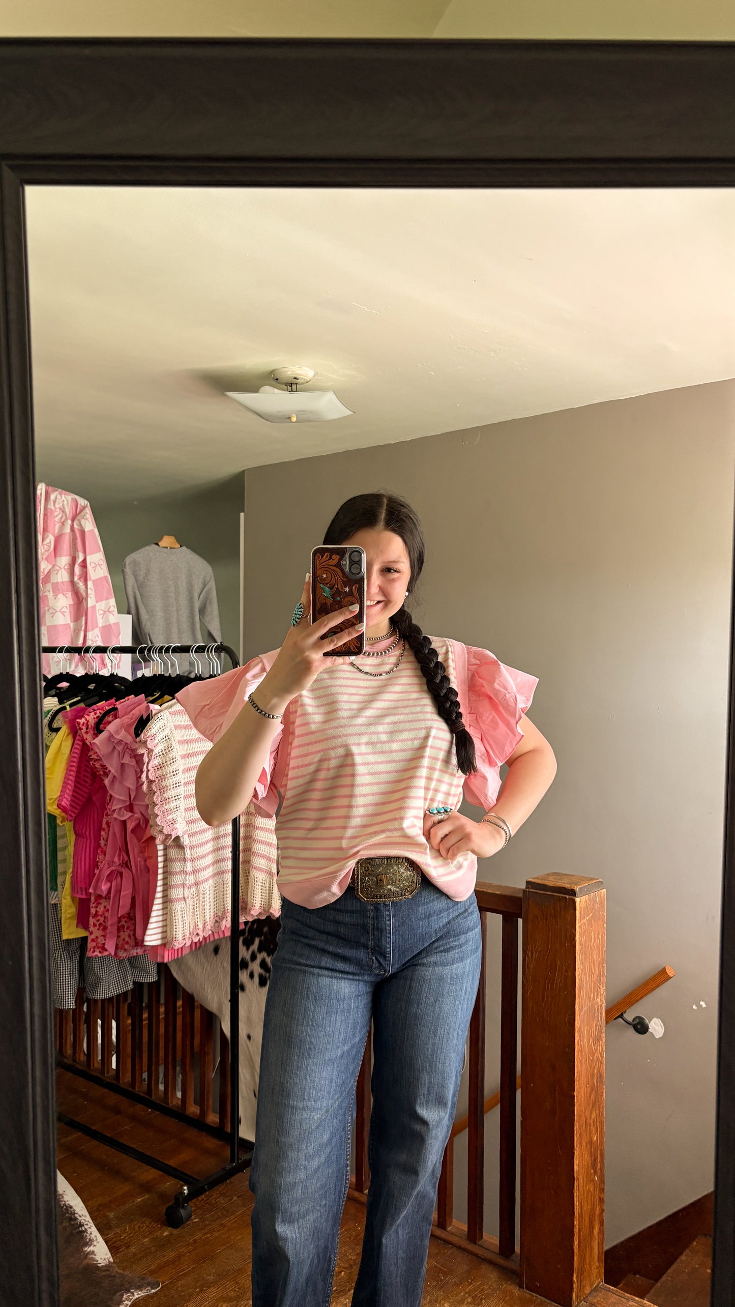 PINK & CREAM STRIPED BUBBLE SLEEVE TOP