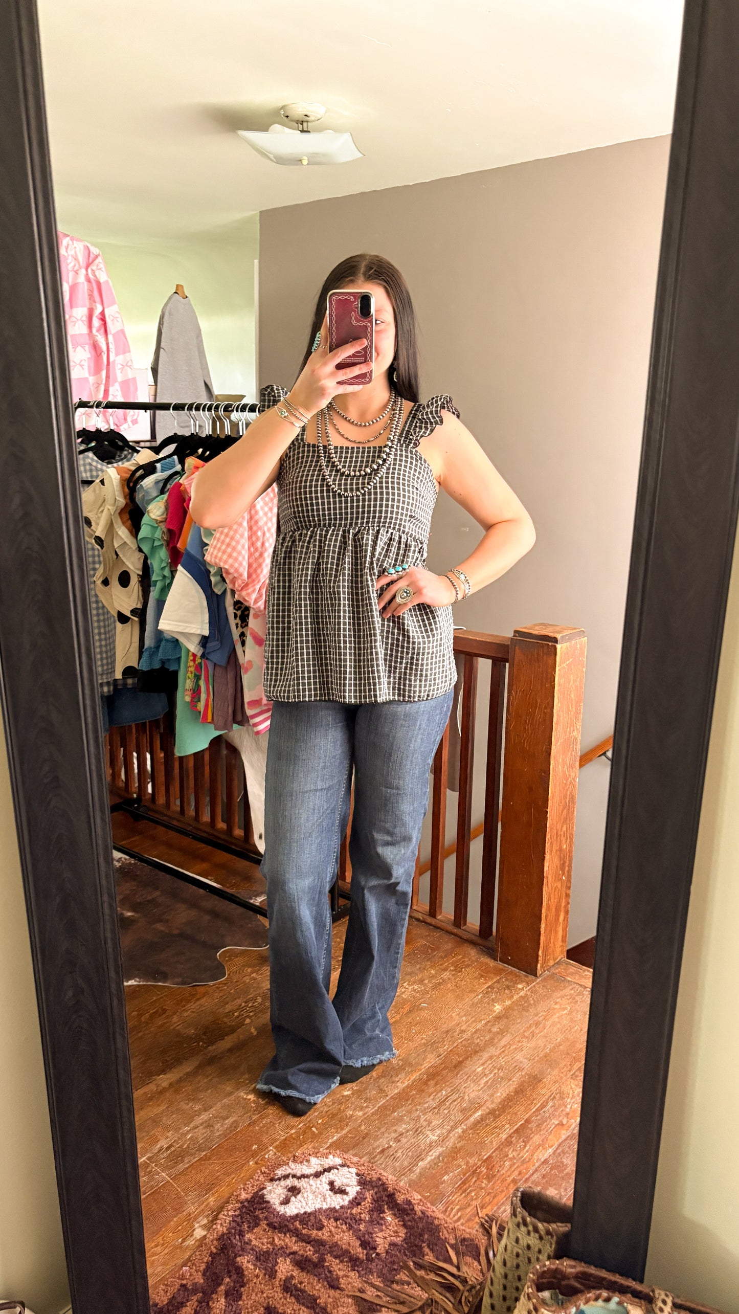 GINGHAM RUFFLE TANK TOP - BLACK