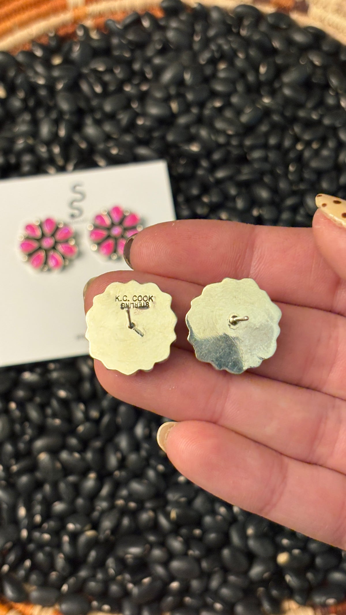 ROUND HOT PINK OPAL CLUSTER EARRINGS STAMPED KC COOK STERLING