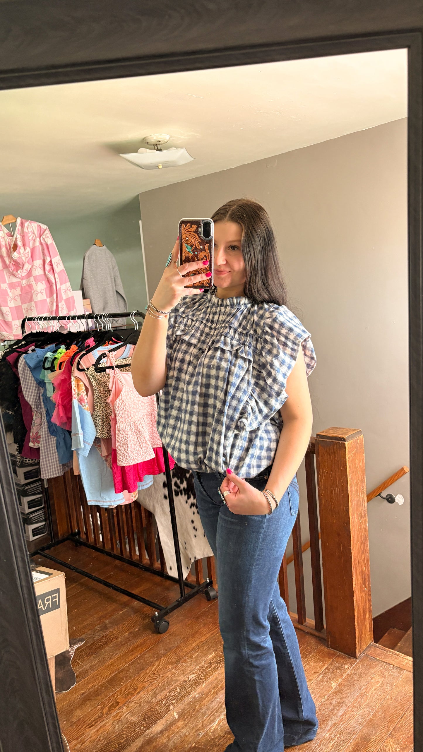 BLUE GINGHAM RUFFLE BLOUSE