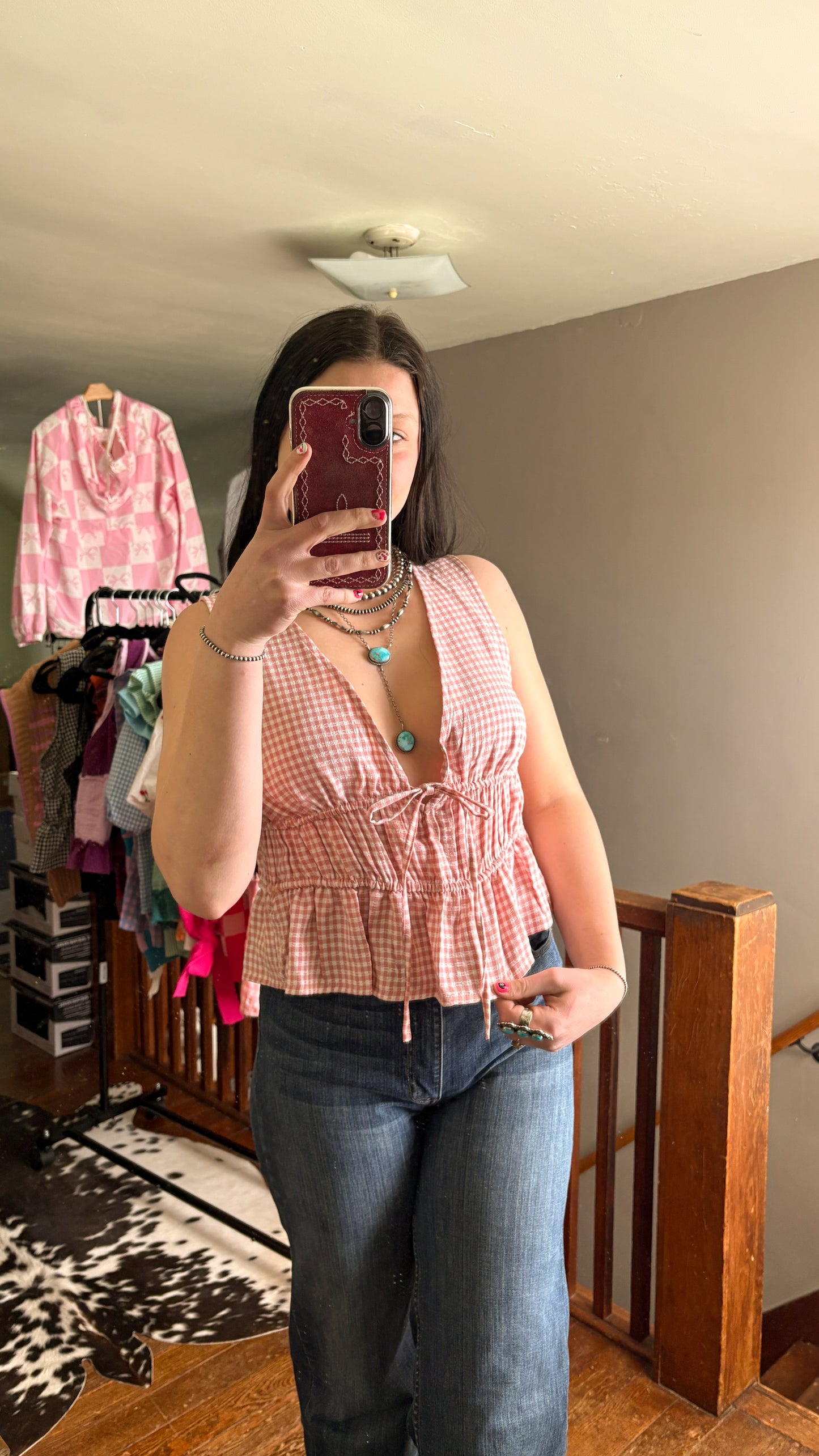 GINGHAM RUFFLE SLEEVELESS TOP - PRETTY PINK