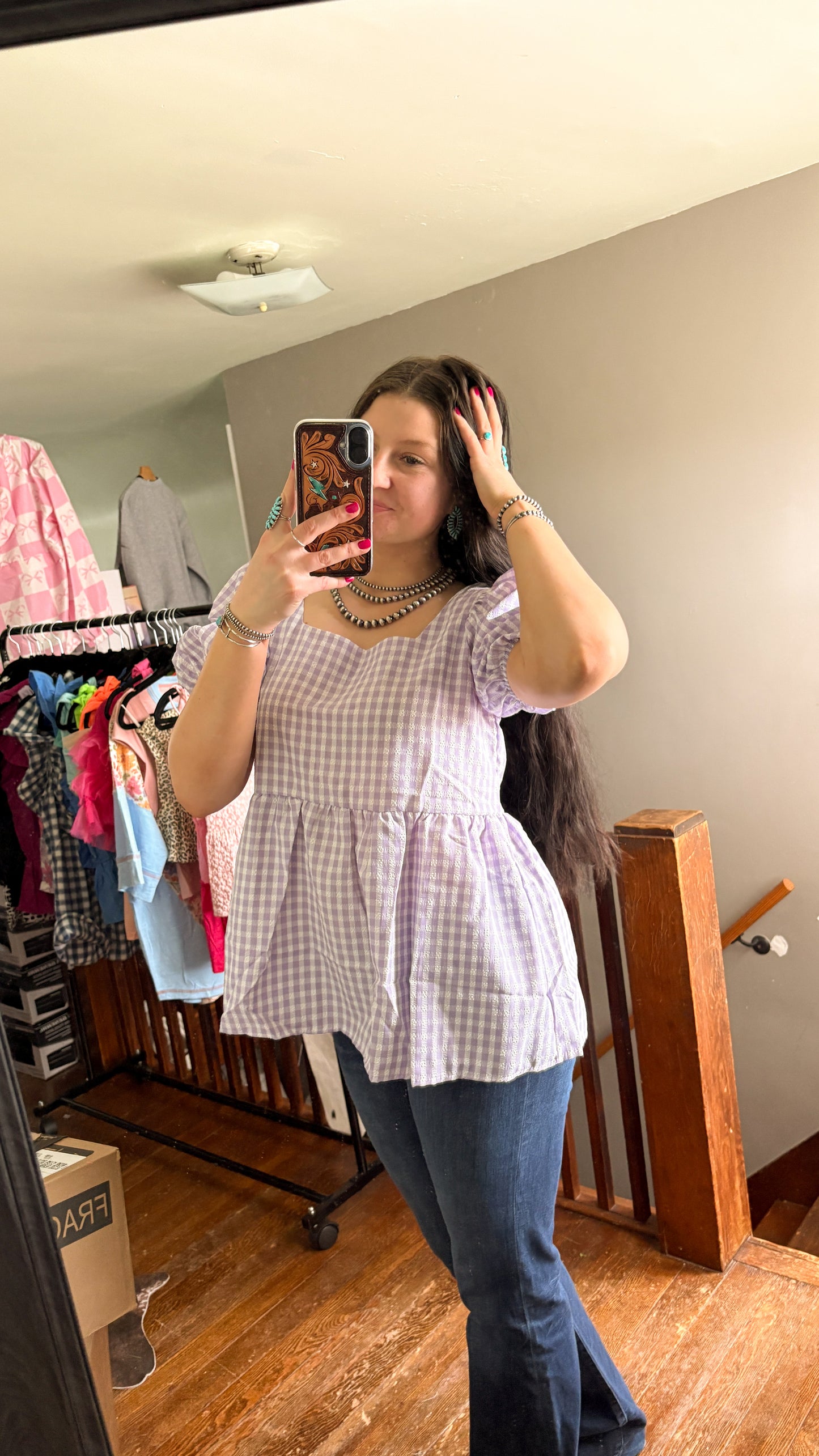 BALLOON SLEEVE LAVENDAR GINGHAM TOP