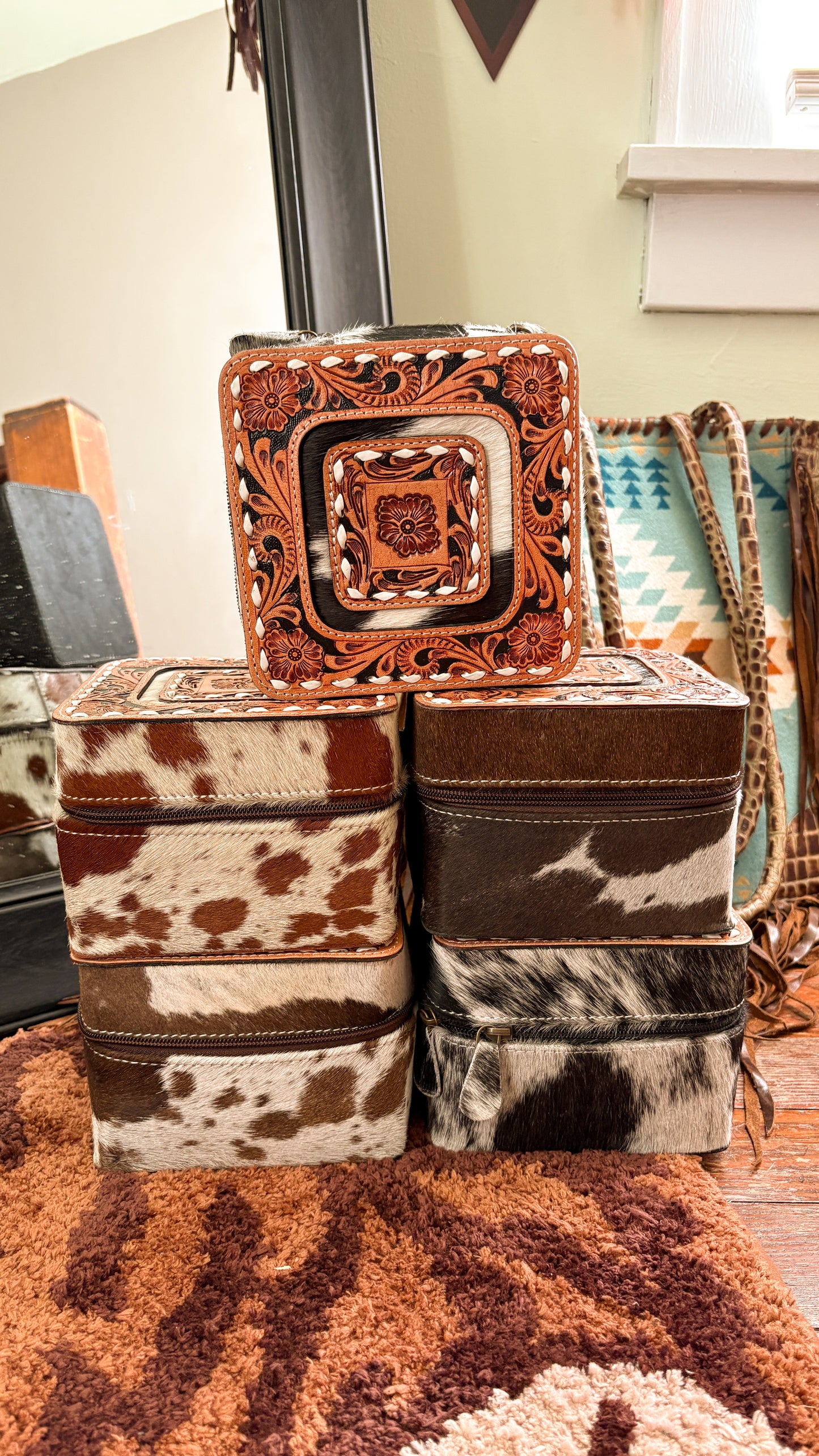 LEATHER TOOLED COWHIDE JEWELRY BOX
