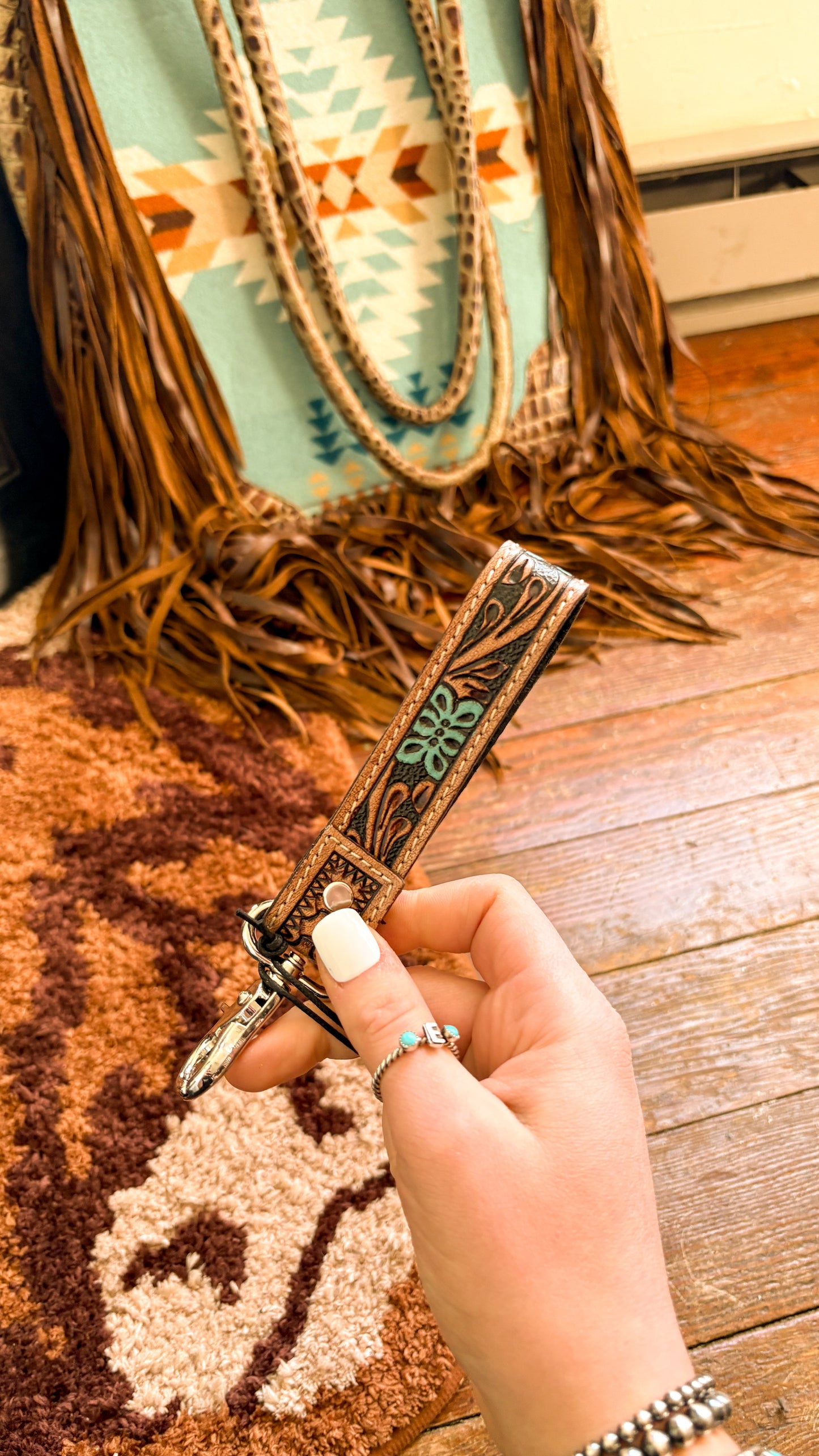 LEATHER TOOLED & COWHIDE KEY FOB