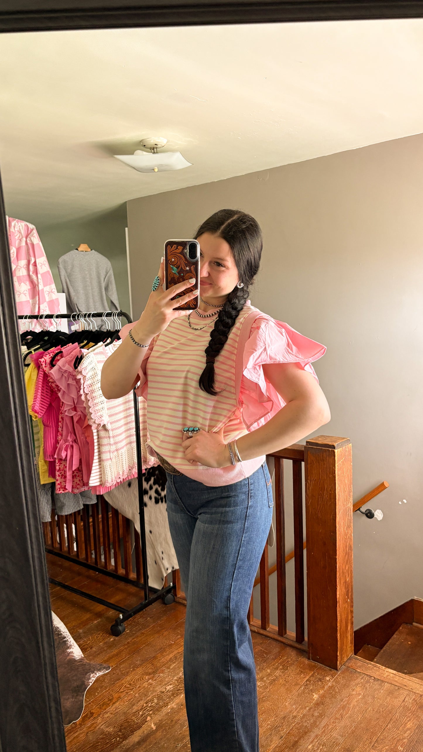 PINK & CREAM STRIPED BUBBLE SLEEVE TOP