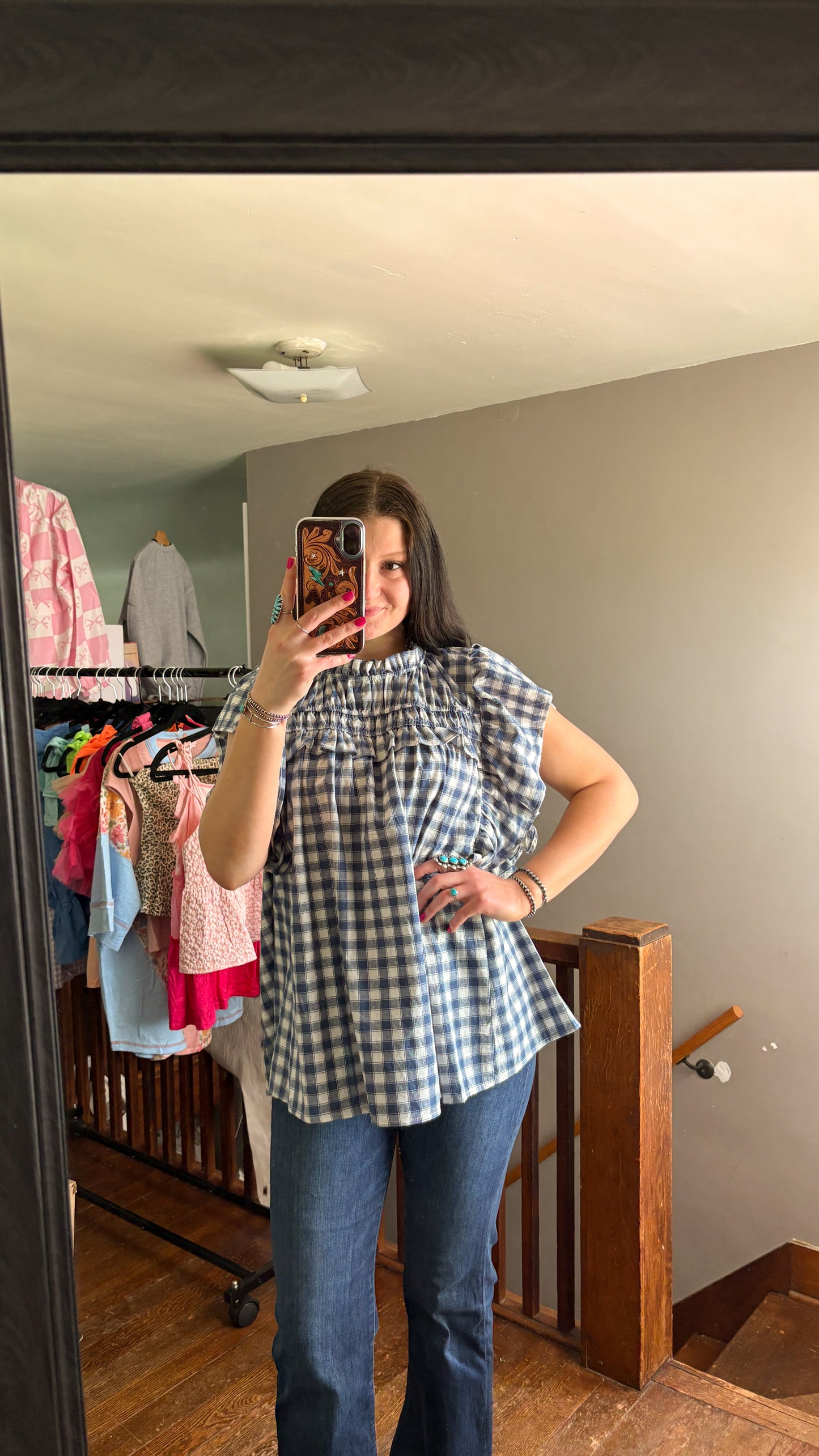 BLUE GINGHAM RUFFLE BLOUSE