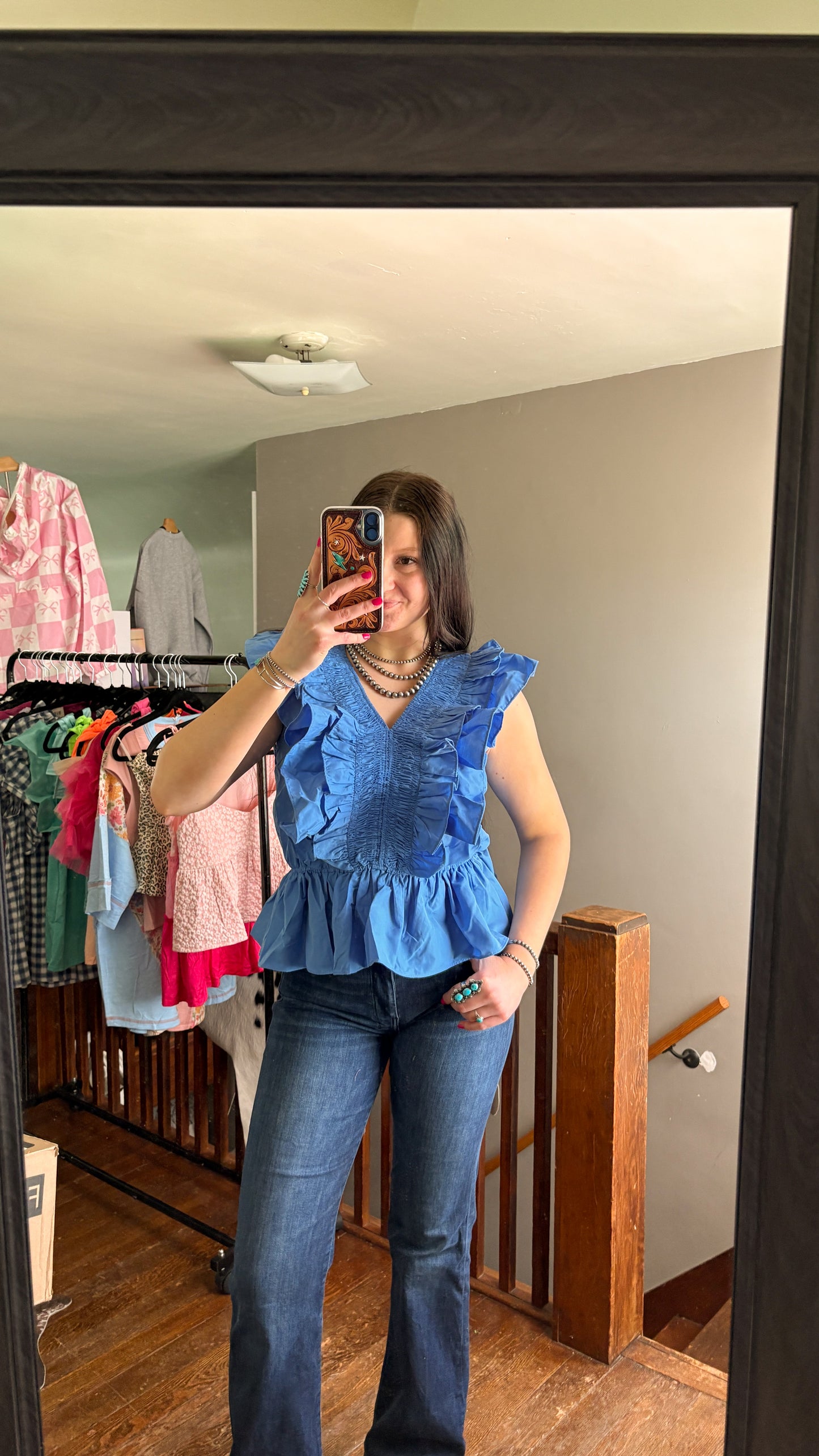 WOVEN RUFFLE TOP - BLUE