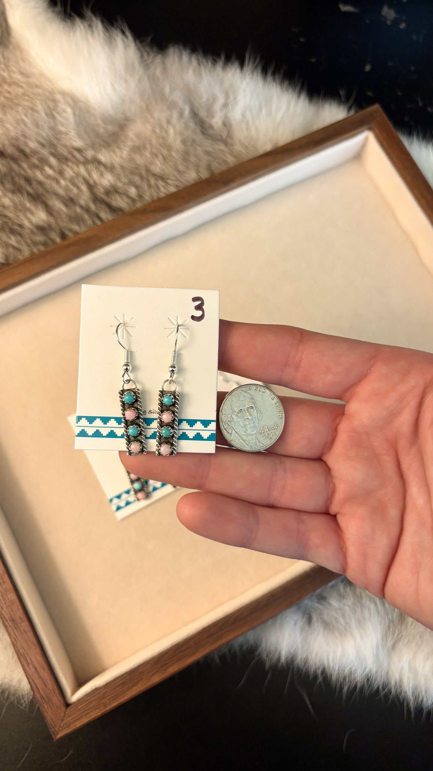 TURQUOISE & PINK CONCH 4 STONE DANGLE EARRINGS BY ESTHER WHITE