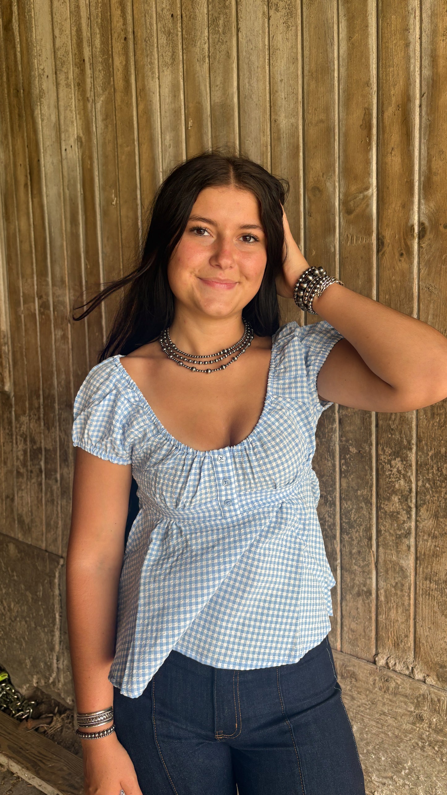 GINGHAM BABYDOLL TOP - BABY BLUE