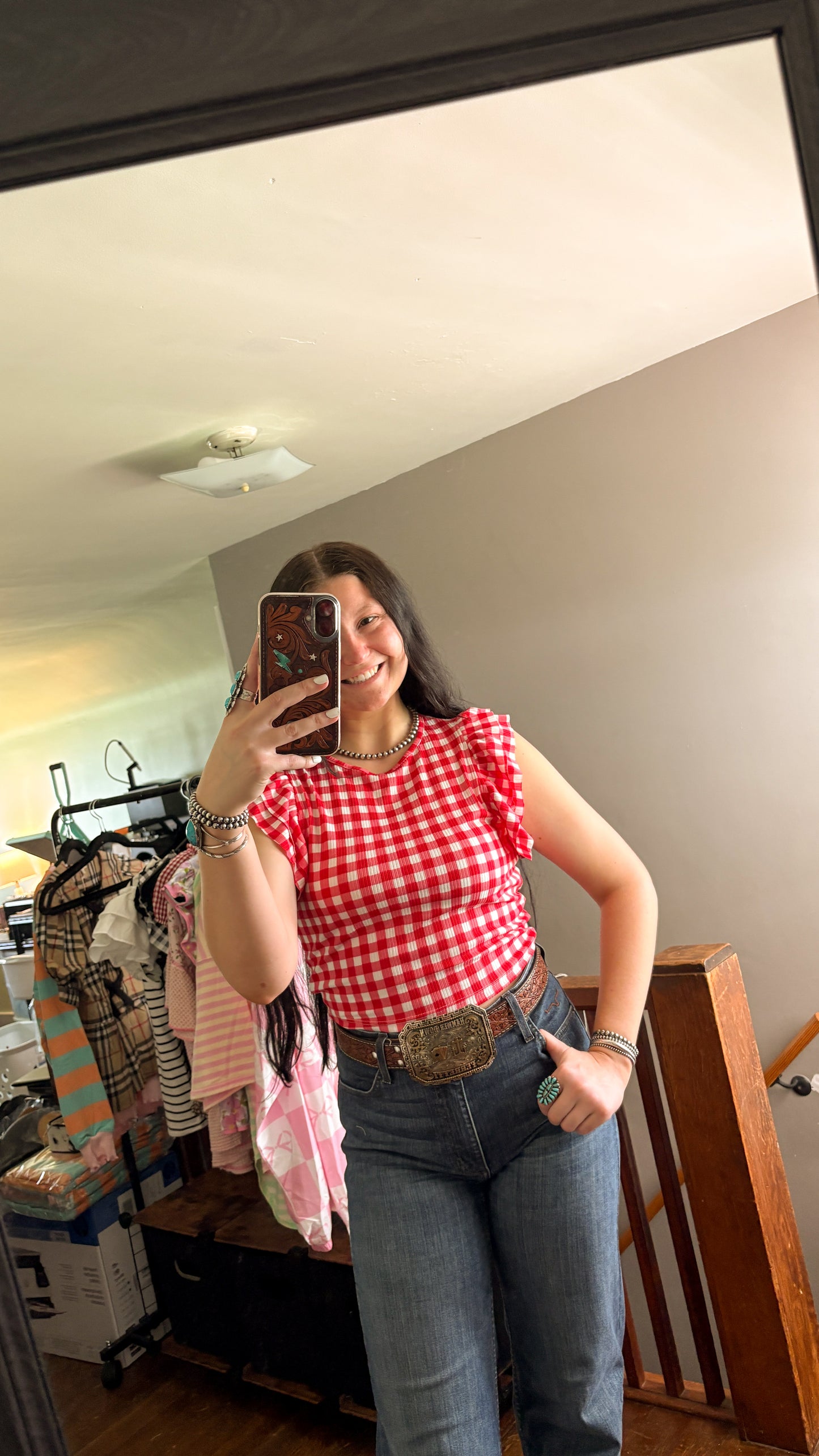 CROPPED GINGHAM RUFFLE TOP - RED