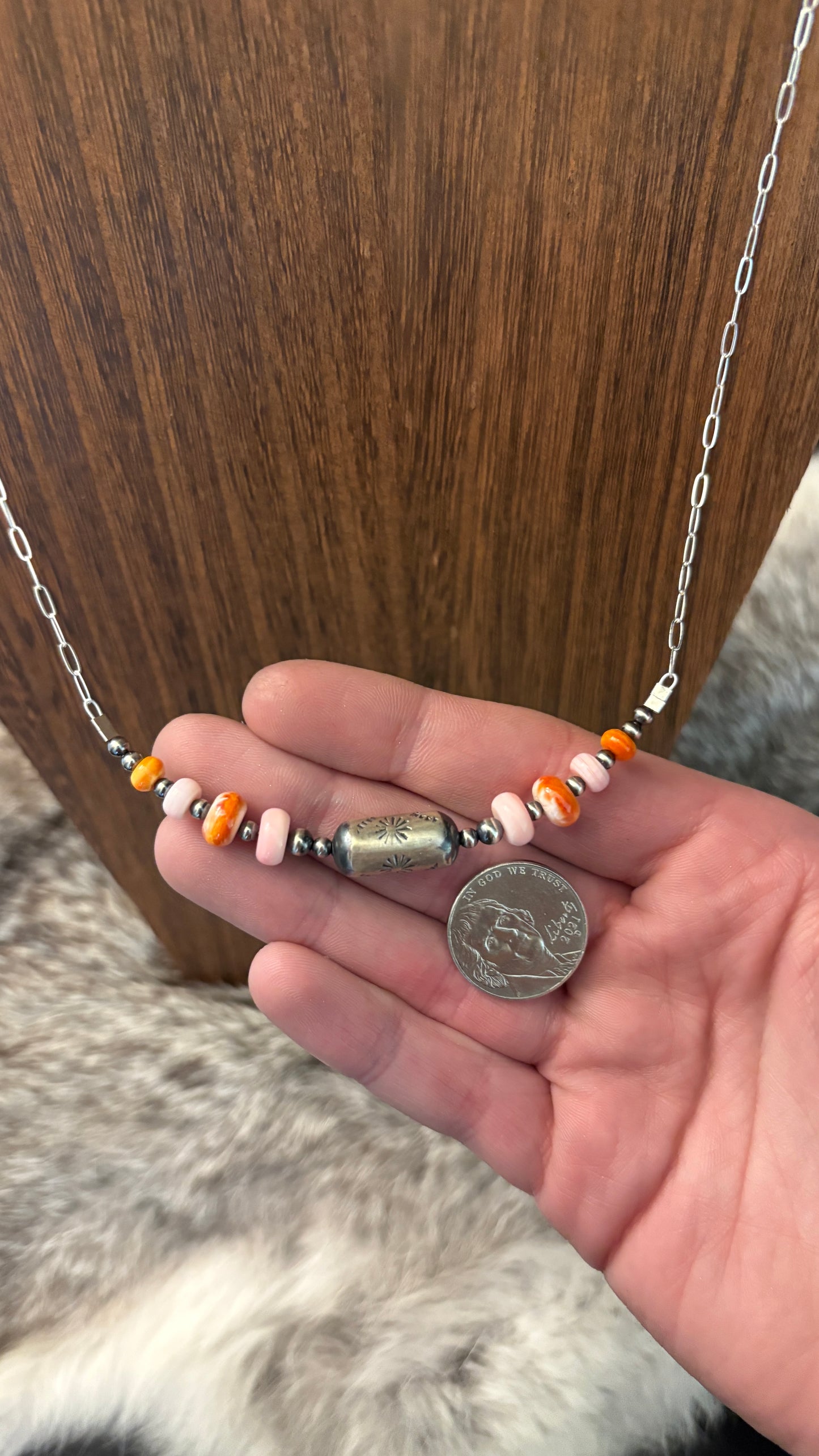 ORANGE SPINY & PINK CONCH BARREL BEAD CHAIN NECKLACE