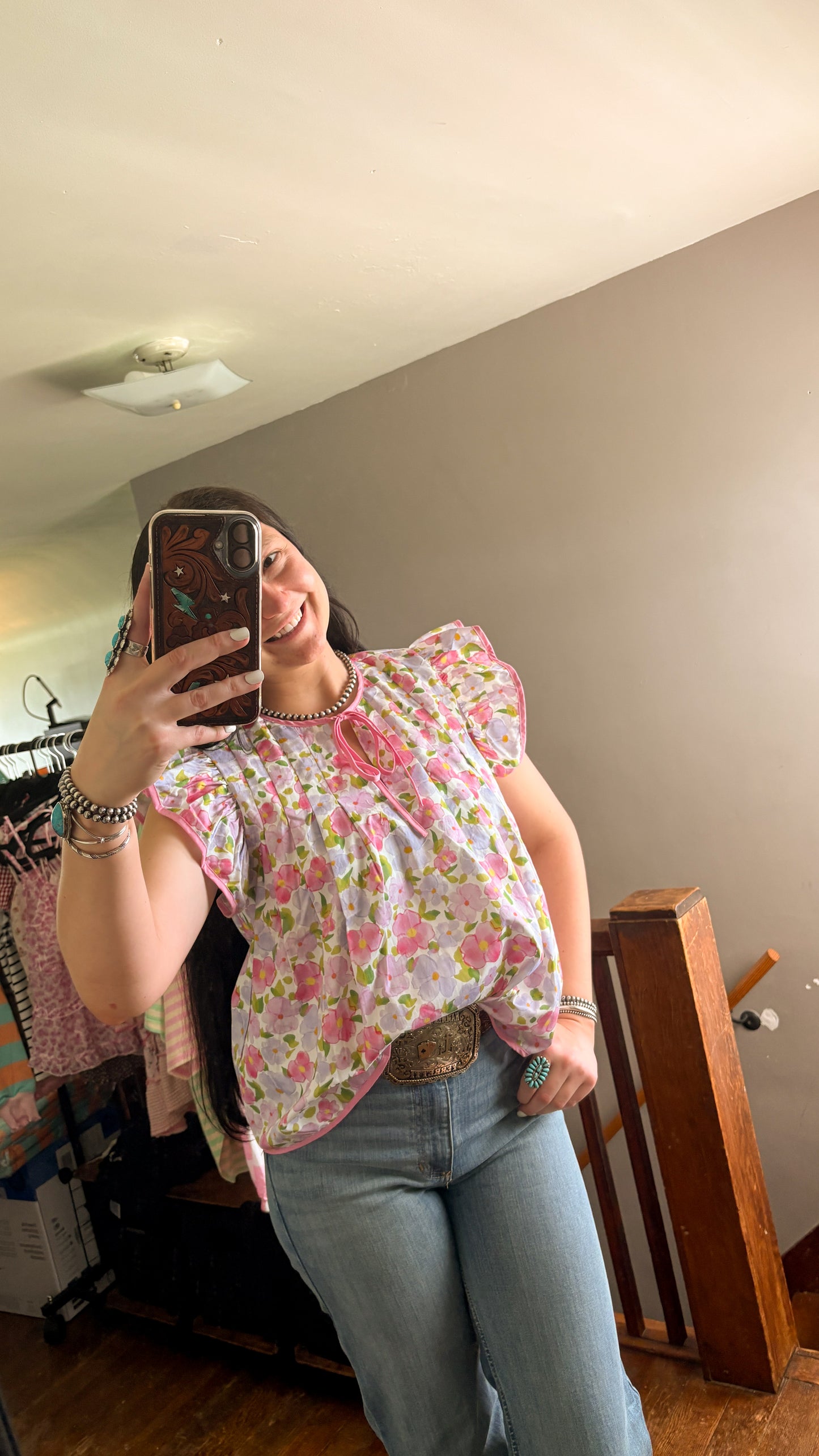PINK & PURPLE FLORAL RUFFLE BLOUSE