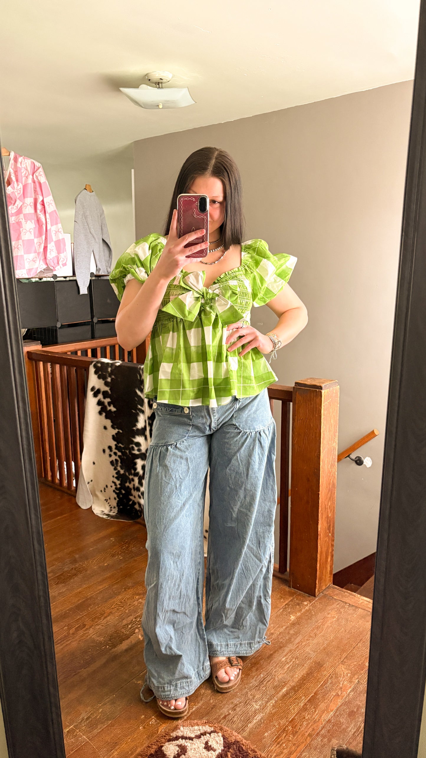 GINGHAM BOW TOP - LIME GREEN