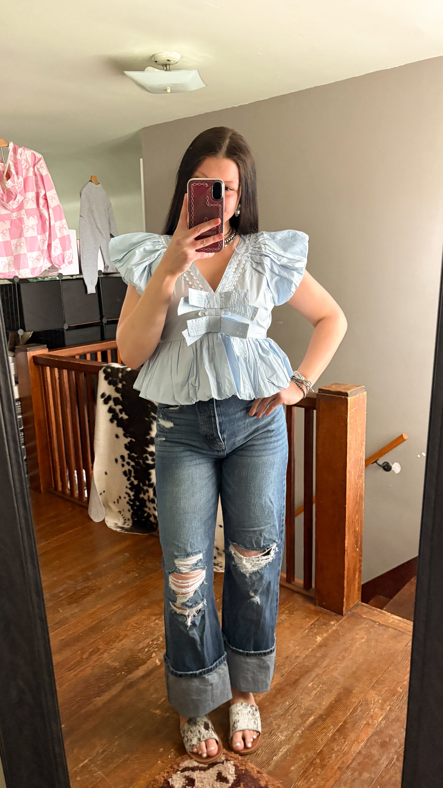CROPPED RUFFLE TOP W/ RIBBON DETAIL - BLUE
