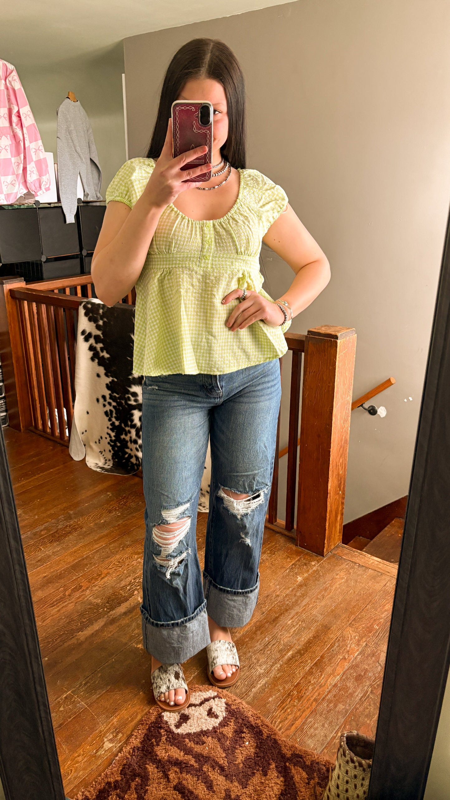GINGHAM BABYDOLL TOP - LIME GREEN