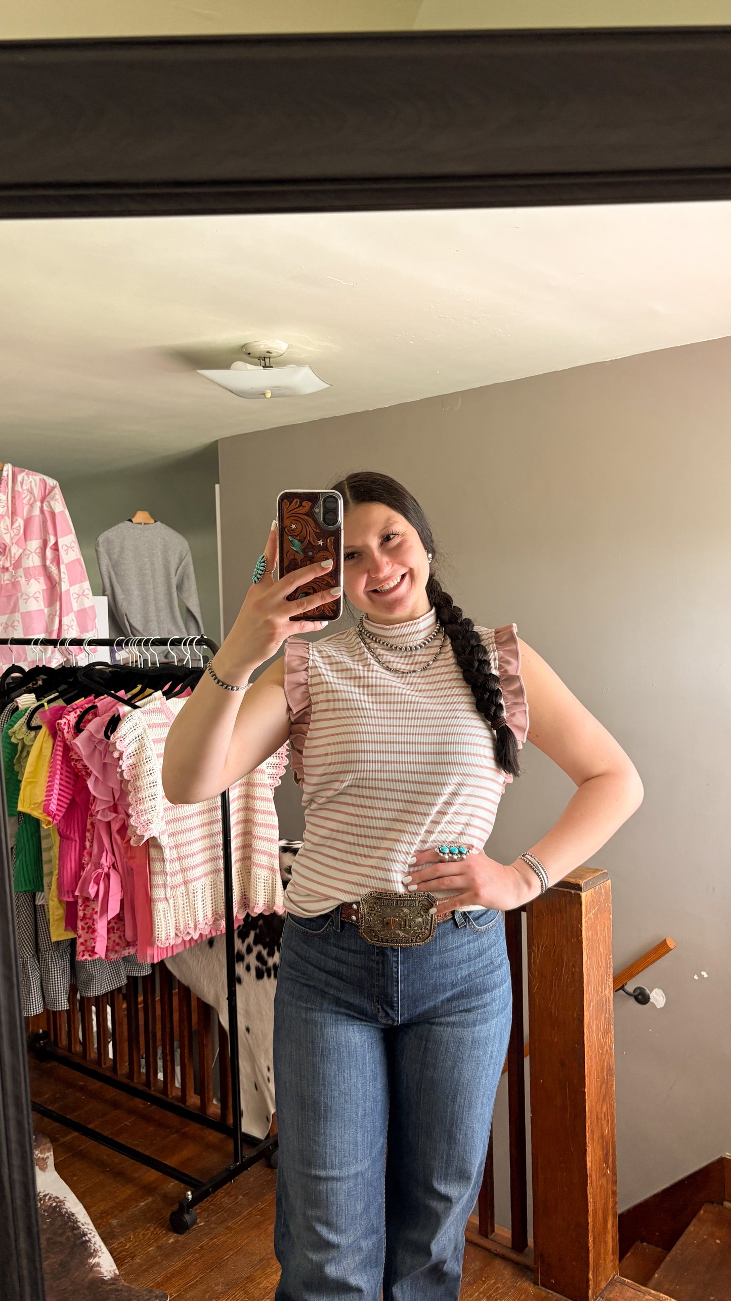 LEATHER RUFFLE SLEEVE STRIPED TANK