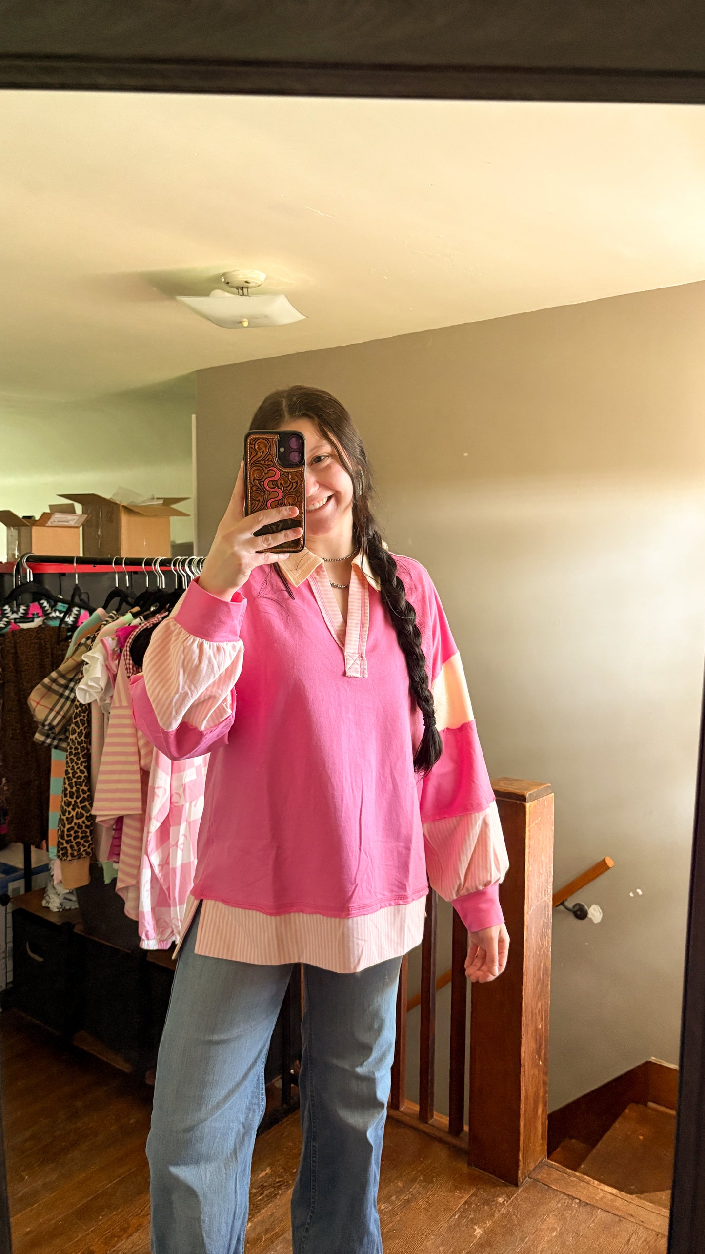 PINK & CREME COLLAR LONG SLEEVE TOP
