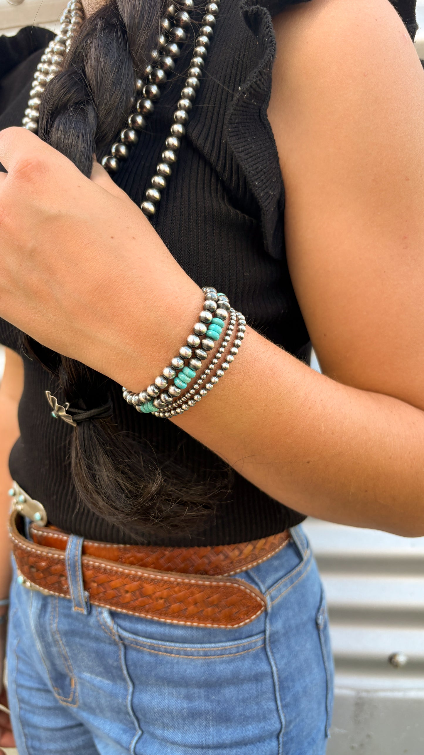 TURQUOISE DISC & PEARL STRETCH BRACELET - READY TO SHIP