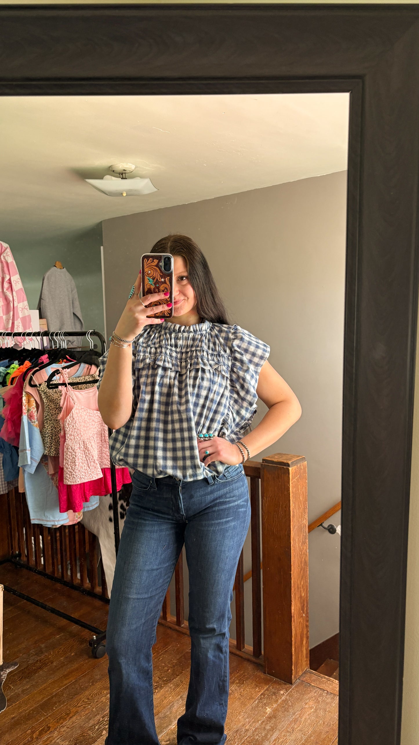 BLUE GINGHAM RUFFLE BLOUSE