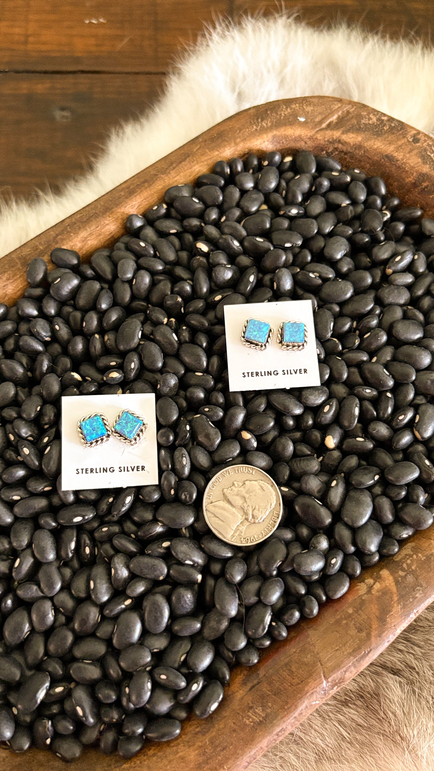LIGHT BLUE OPAL SQUARE STUDS W/ ROPE DETAIL