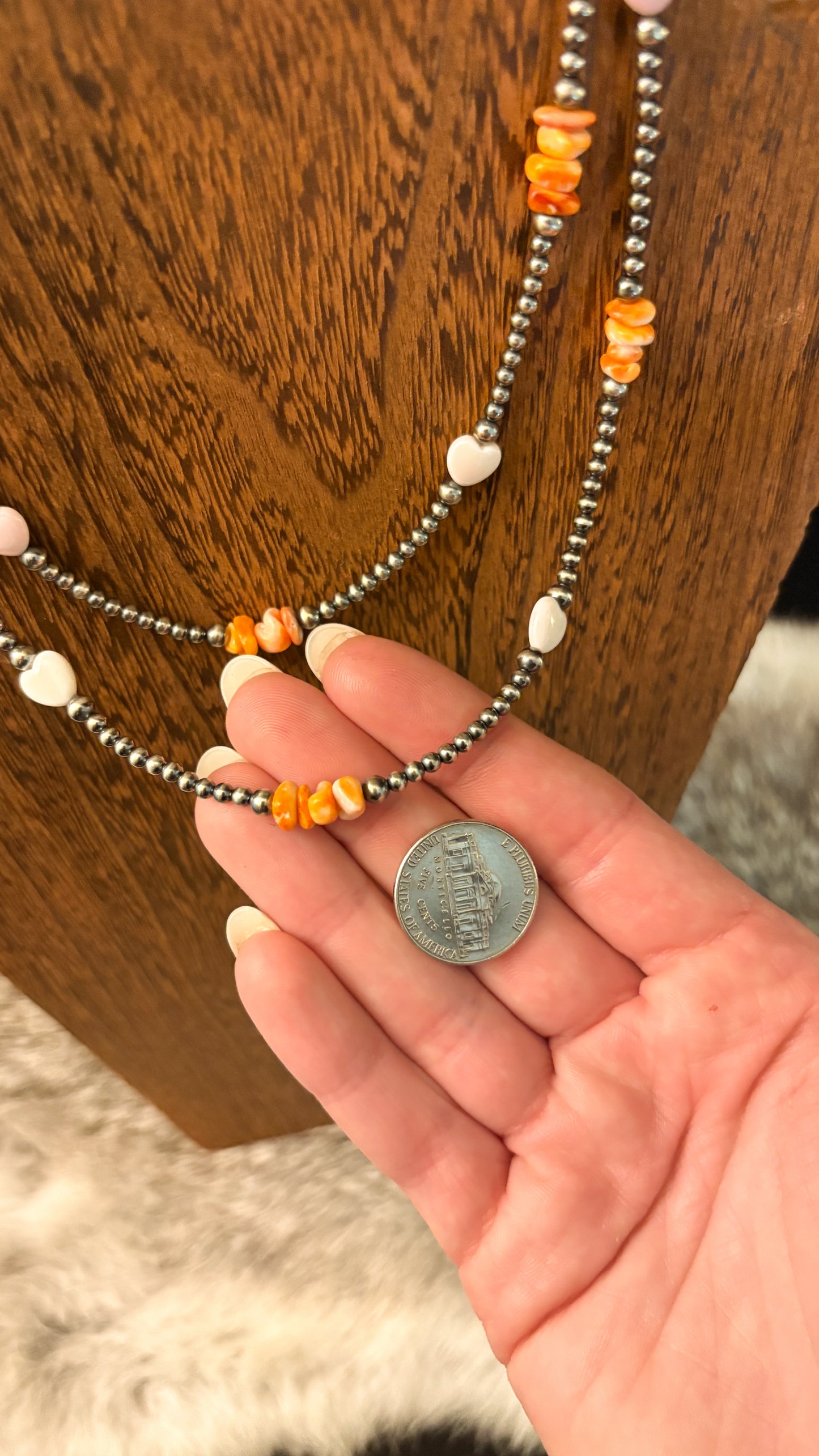 PINK CONCH HEART & ORANGE SPINY CHIP PEARL NECKLACE