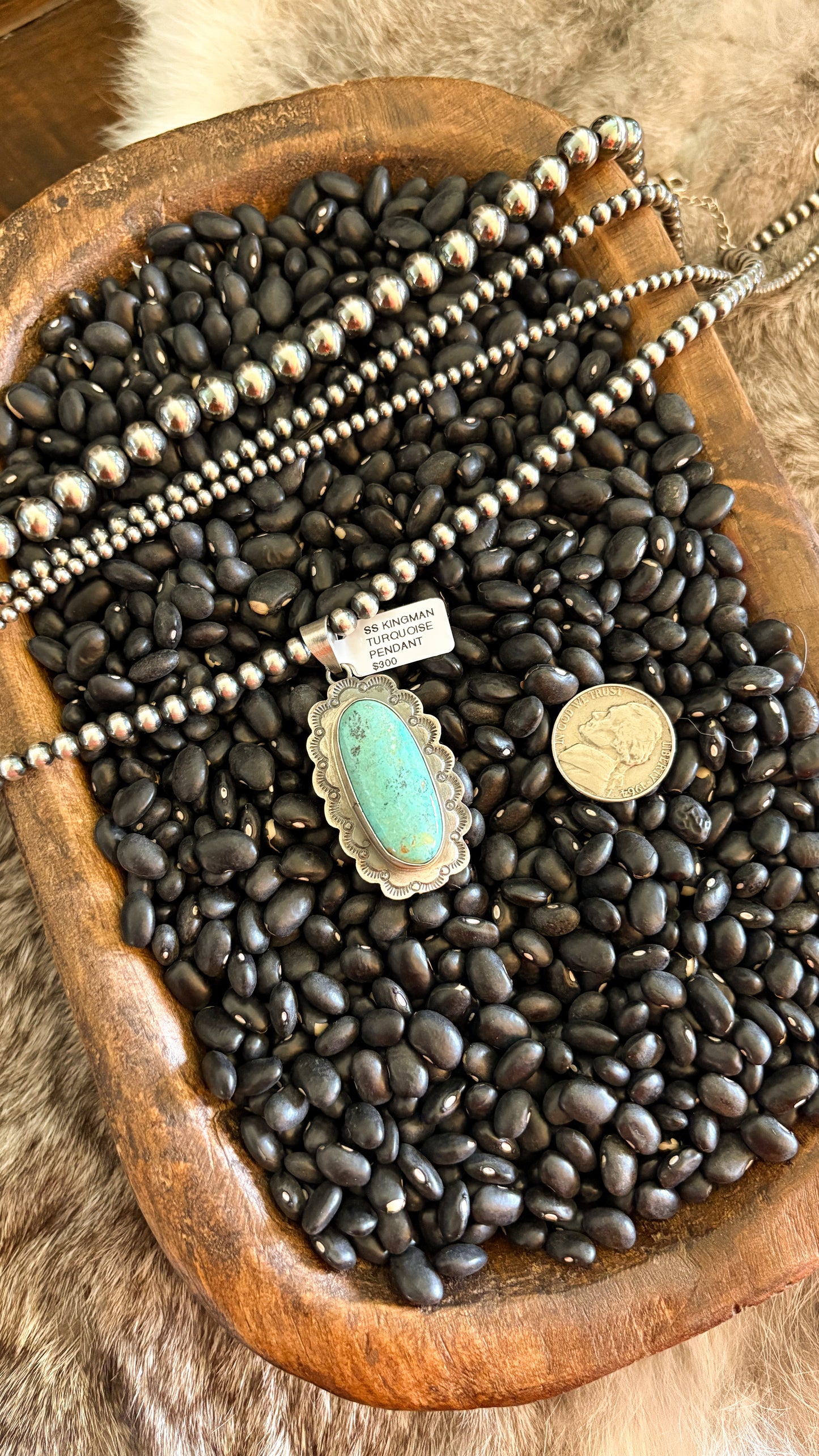 KINGMAN TURQUOISE PENDANT W/ STAMPED BORDER