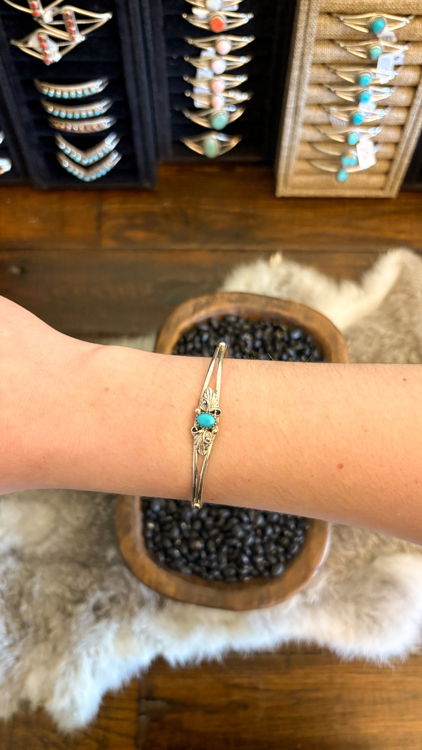 TURQUOISE STONE STACKER CUFF W DETAIL
