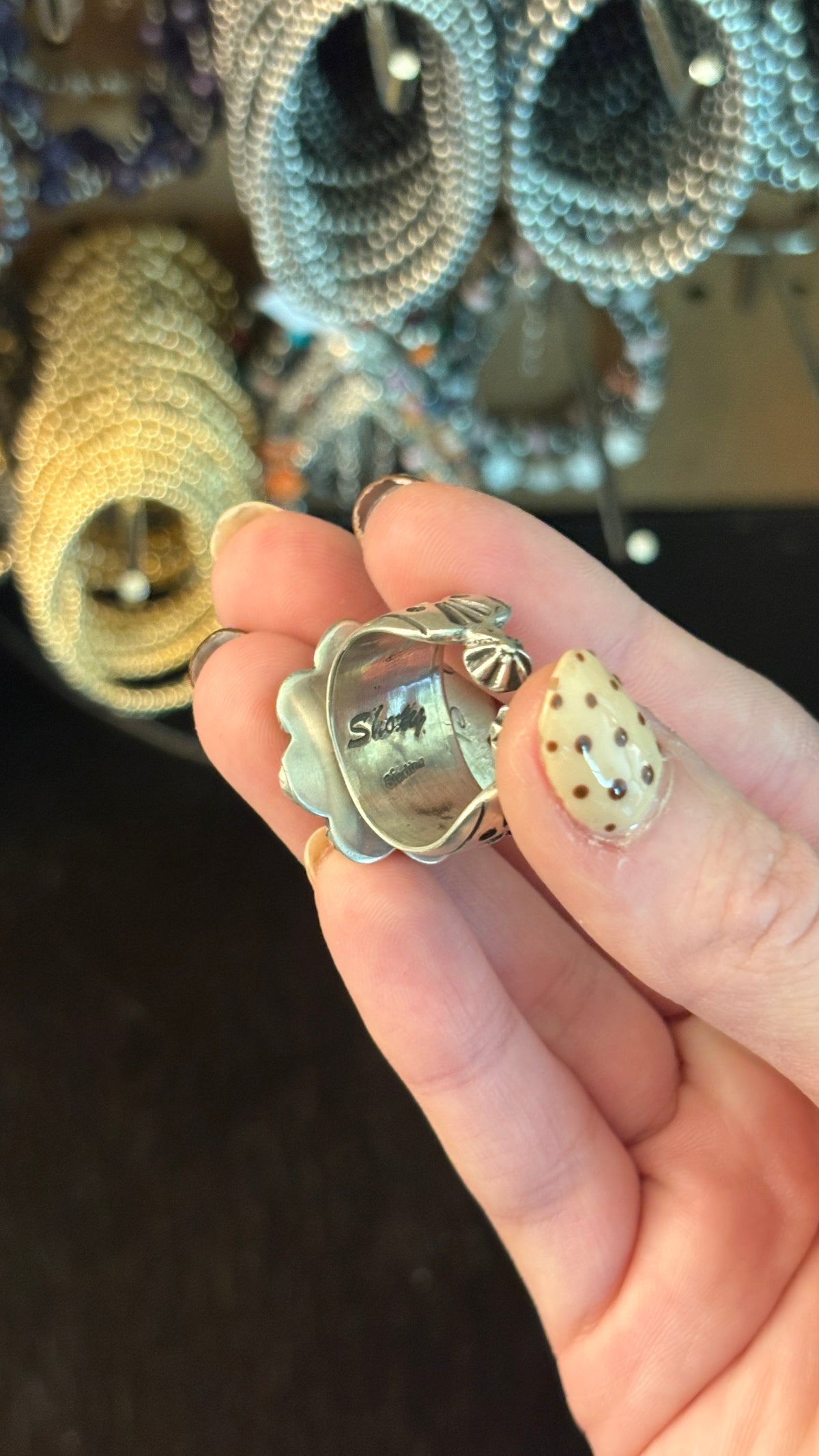 PINK CONCH STARSHOT CLUSTER RING W STAMPED CIGAR BAND