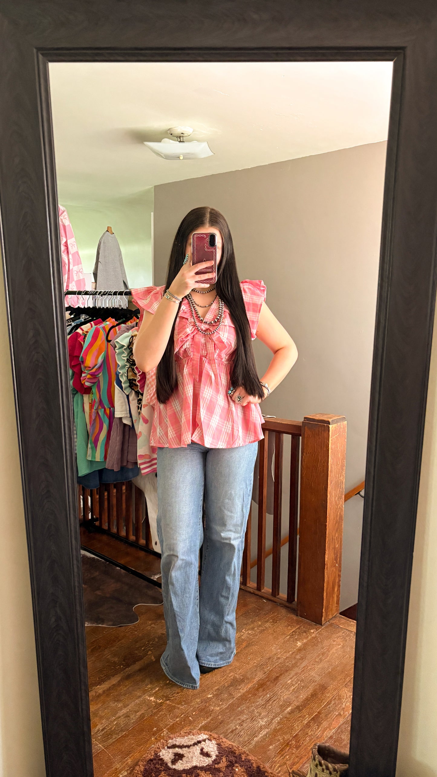 GINGHAM RUFFLE BOW TOP - PINK