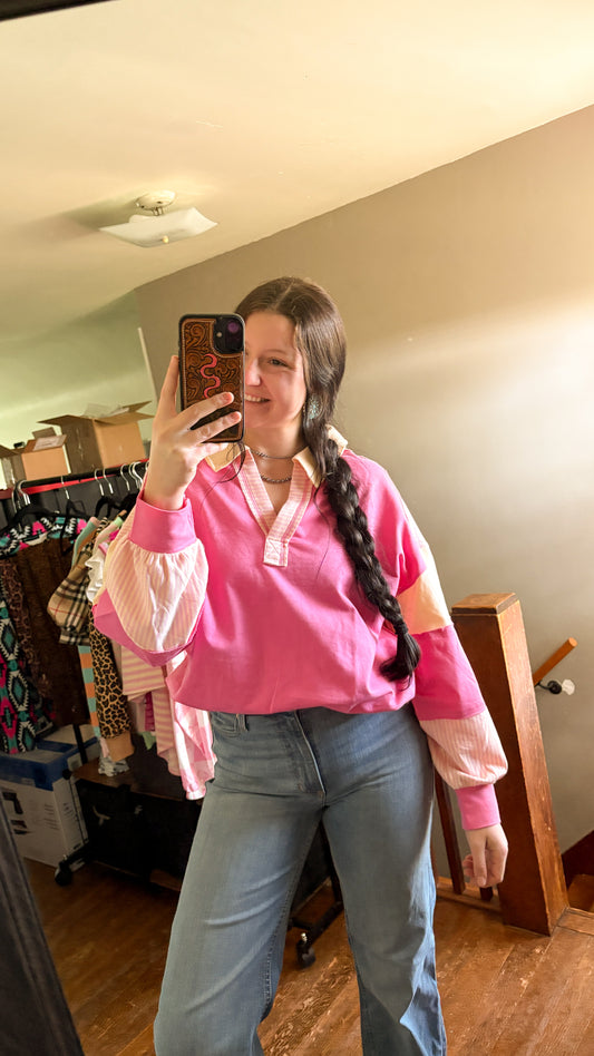 PINK & CREME COLLAR LONG SLEEVE TOP