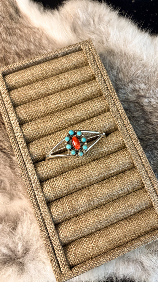 TURQUOISE & CORAL CLUSTER CUFF BY PEGGY SKEETS