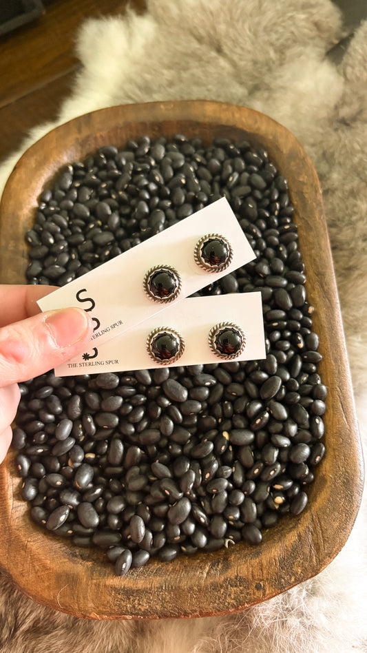 ROUND SCALLOPED BEZEL BLACK ONYX POST EARRINGS