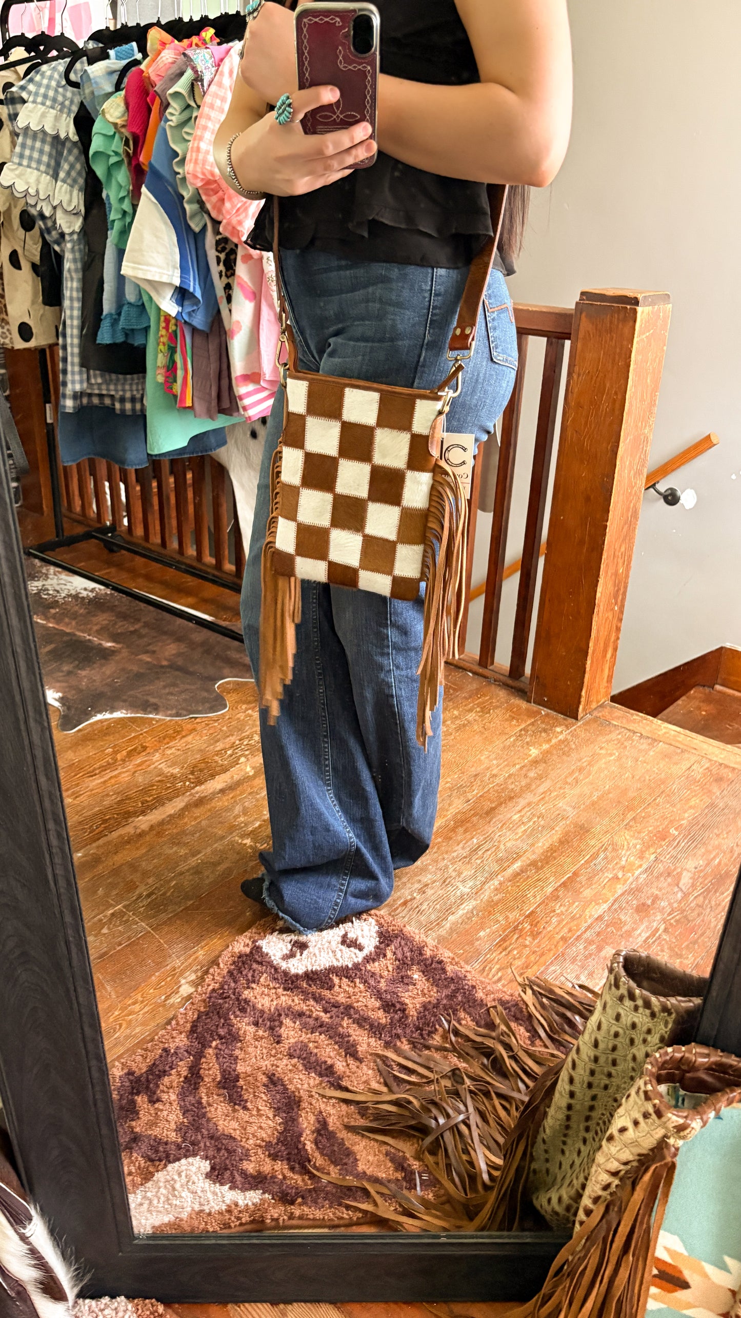 COWHIDE CHECKERED CROSS BODY BAG - LIGHT BROWN