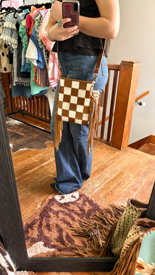 COWHIDE CHECKERED CROSS BODY BAG - LIGHT BROWN