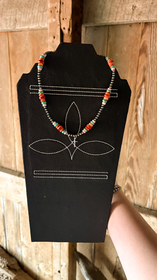 4MM MULTI STONE PEARL NECKLACE W CROSS PENDANT