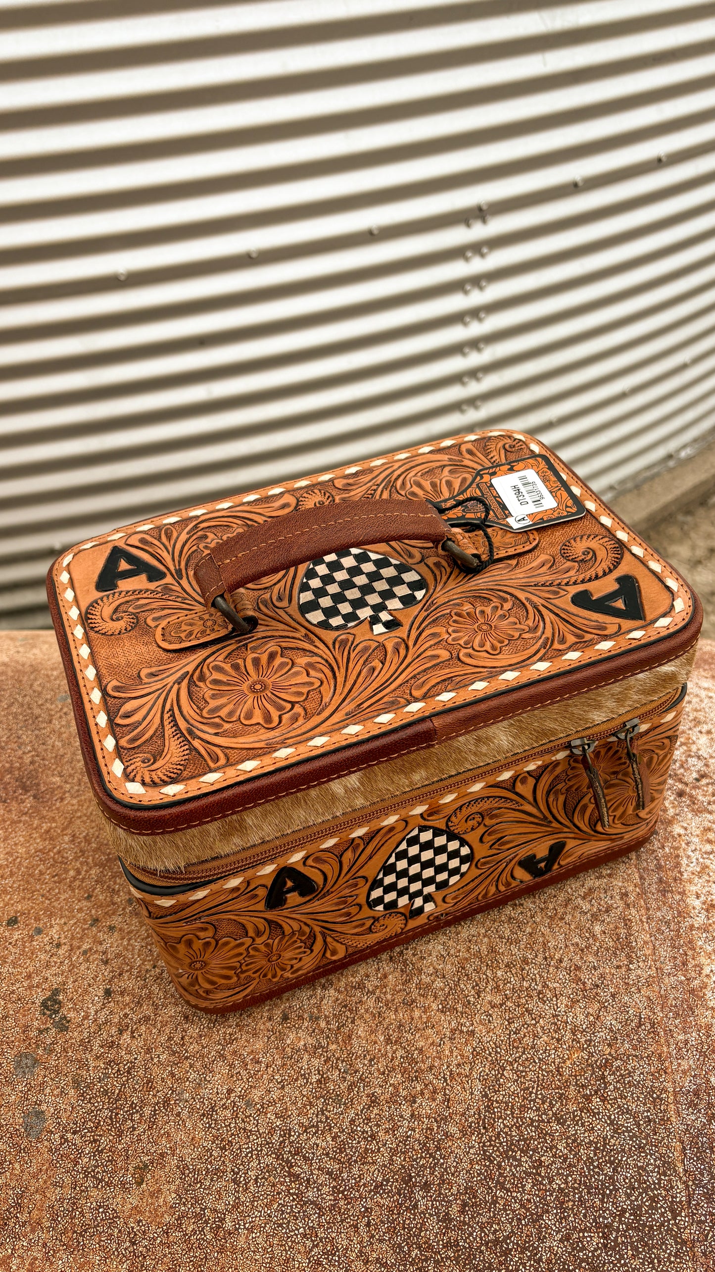 XL ACE OF SPADES CHECKERED COWHIDE JEWELRY BOX