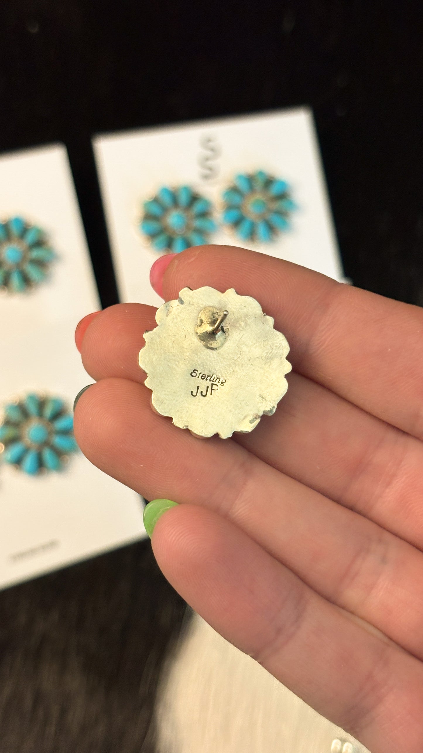 MEDIUM TURQUOISE CLUSTER EARRINGS STAMPED JJP STERLING