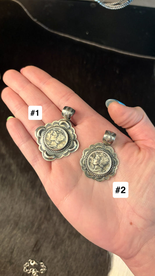 MERCURY DIME CONCHO PENDANT STAMPED J FRANK