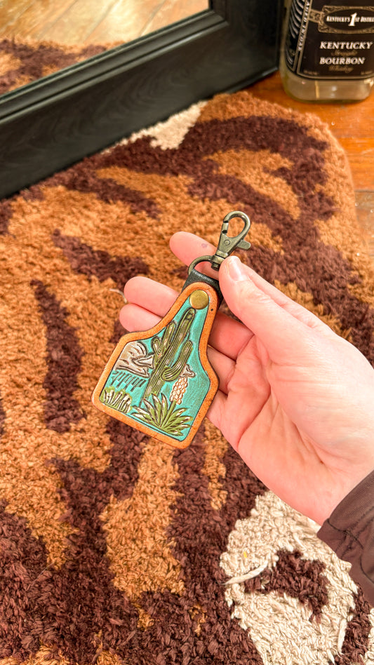LEATHER TOOLED CACTUS KEYCHAIN