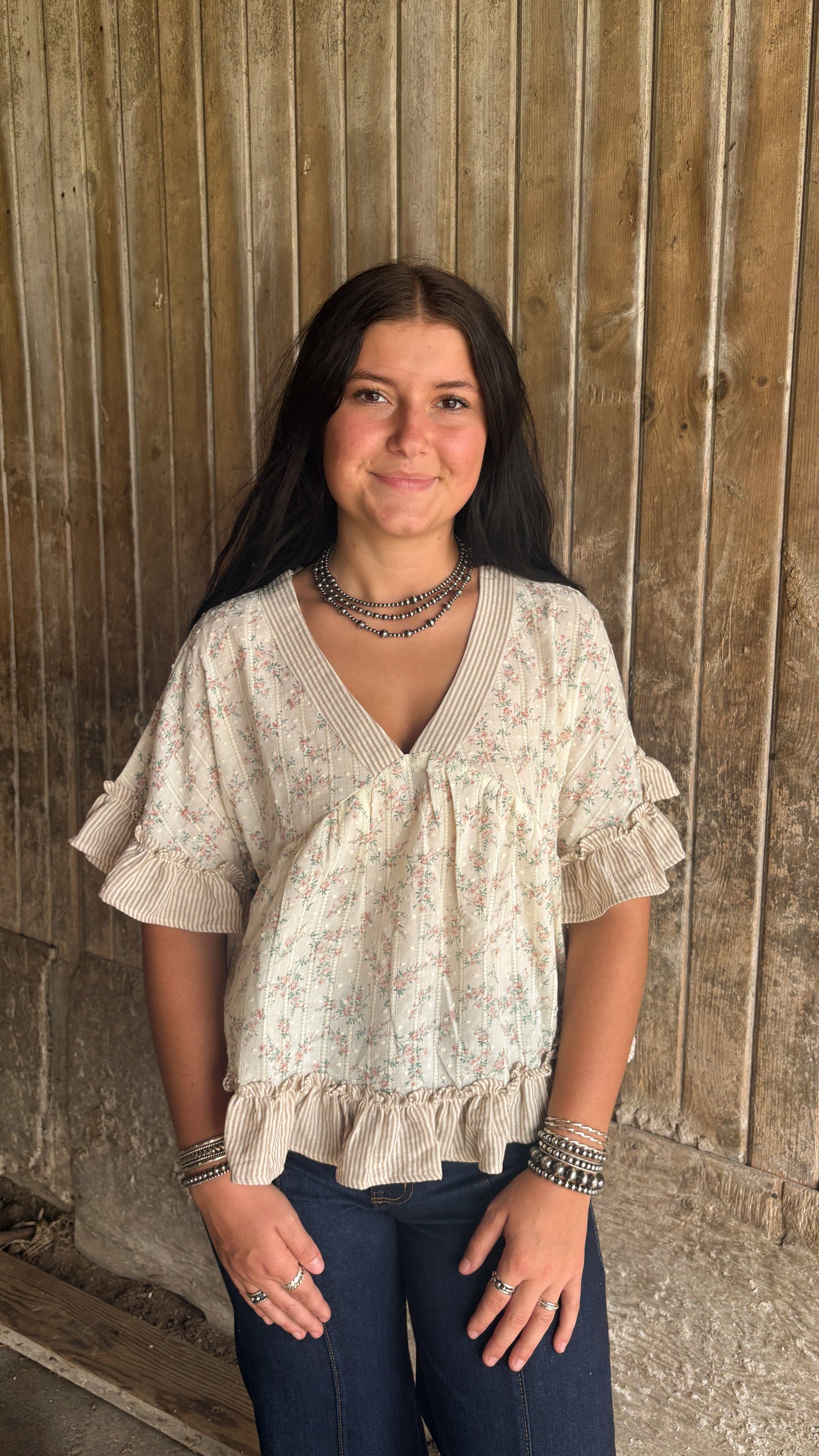FLORAL & STRIPED RUFFLE TOP