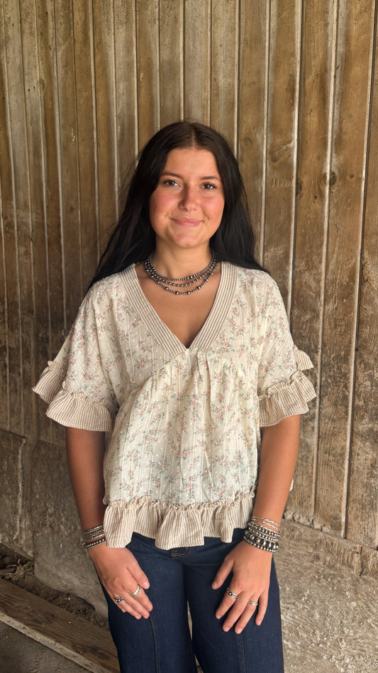 FLORAL & STRIPED RUFFLE TOP