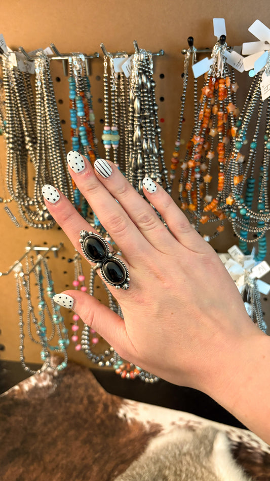 ADJUSTABLE DOUBLE STONE BLACK ONYX RING BY EUGENE BELONE
