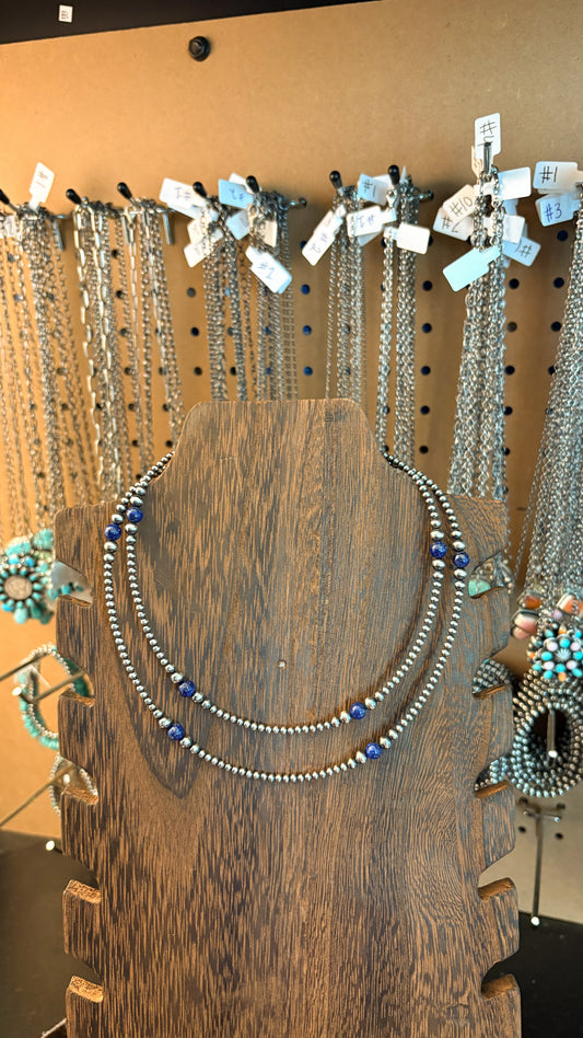 3-6MM STERLING SILVER PEARL NECKLACE- BLUE LAPIS