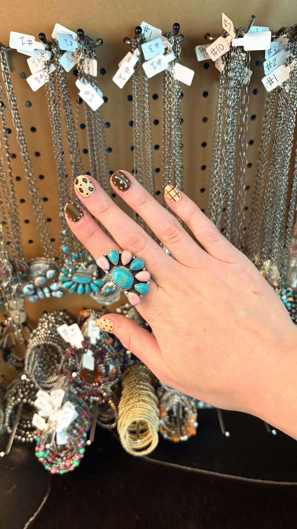 KINGMAN TURQUOISE & PINK CONCH HALF CLUSTER RING W STAMPED CIGAR BAND BY MARCELLA JAMES
