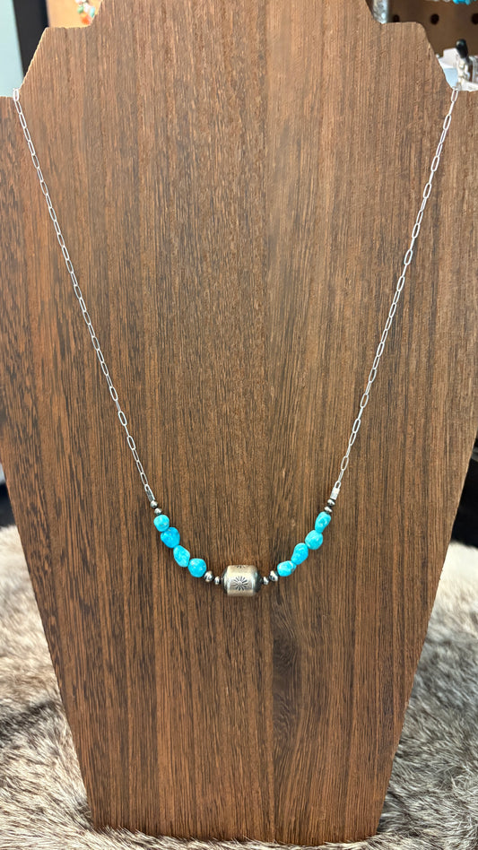WHITE WATER TURQUOISE BARREL BEAD CHAIN NECKLACE