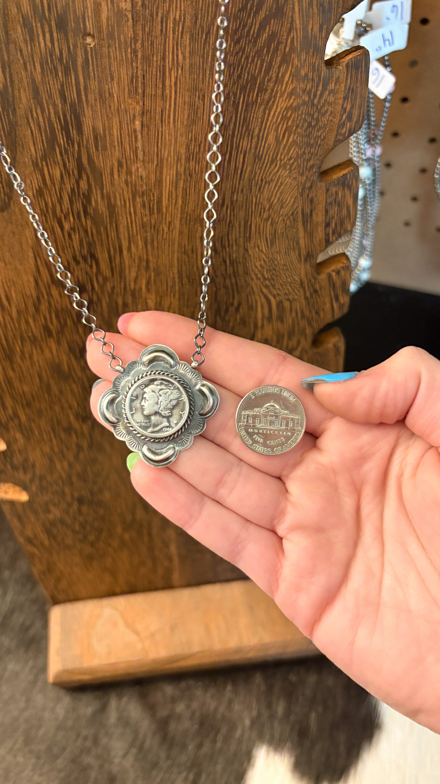 1944 MERCURY DIME CONCHO NECKLACE STAMPED J FRANK