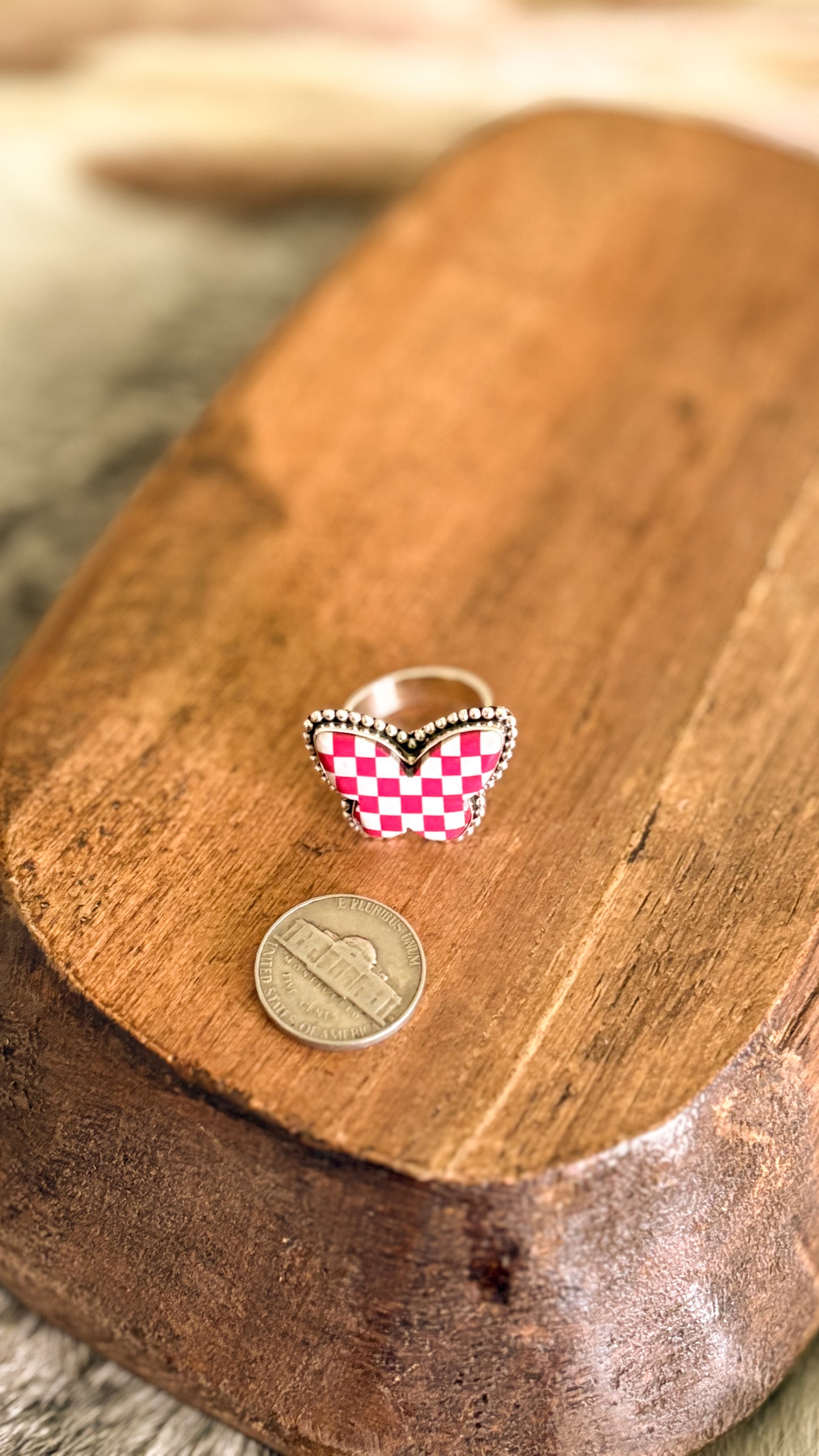 CHECKERED BUTTERFLY ADJUSTABLE RING