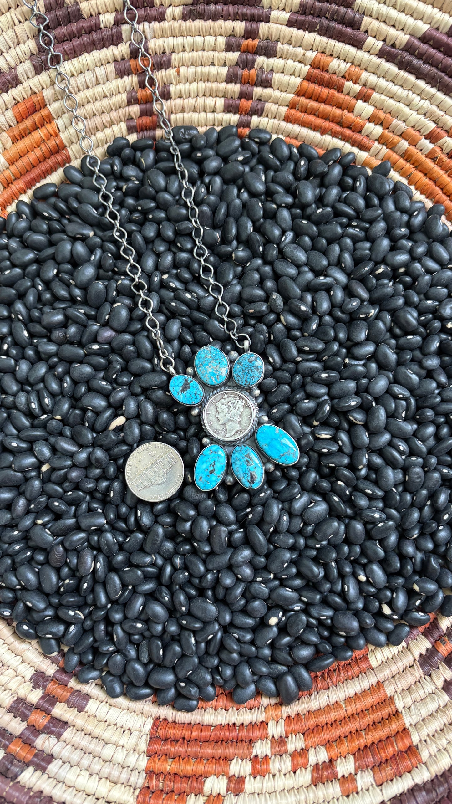 MERCURY DIME KINGMAN TURQUOISE CLUSTER NECKLACE BY DEBRA SMITH